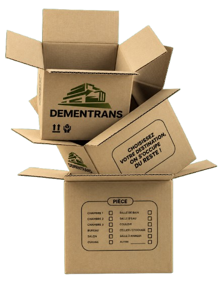 Cartons de déménagement DEMENTRANS empilés