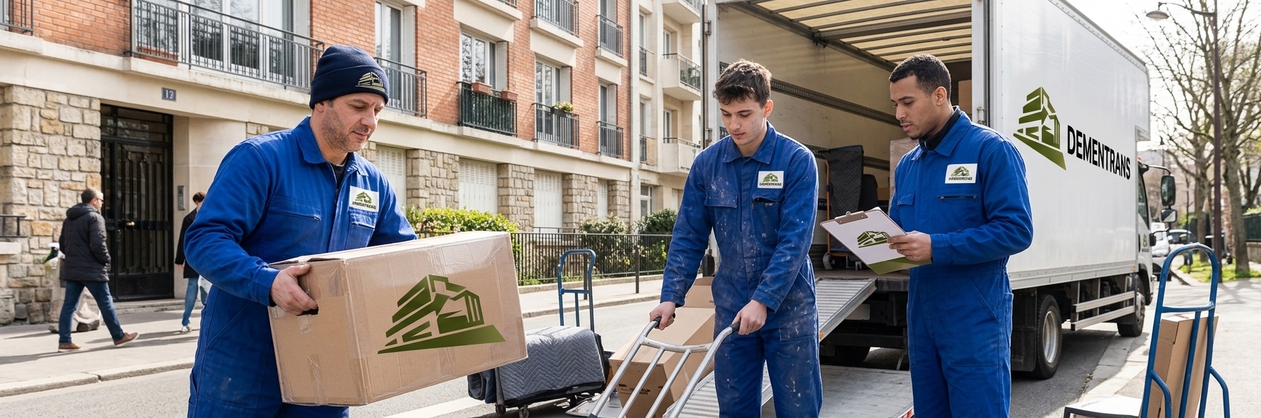 Équipe DEMENTRANS chargeant des cartons dans le camion devant un immeuble
